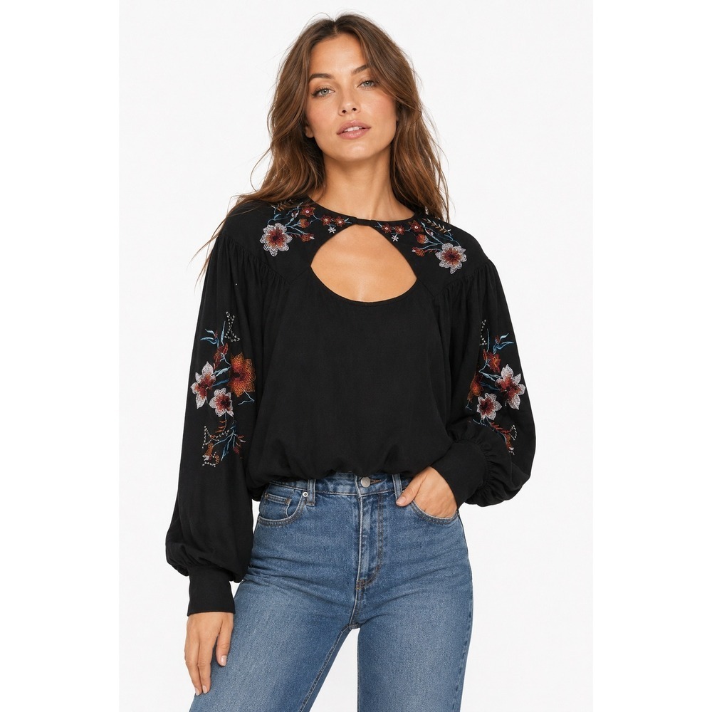 Free People Lita Embroidered Cut Out Linen Blend Blouse Size S